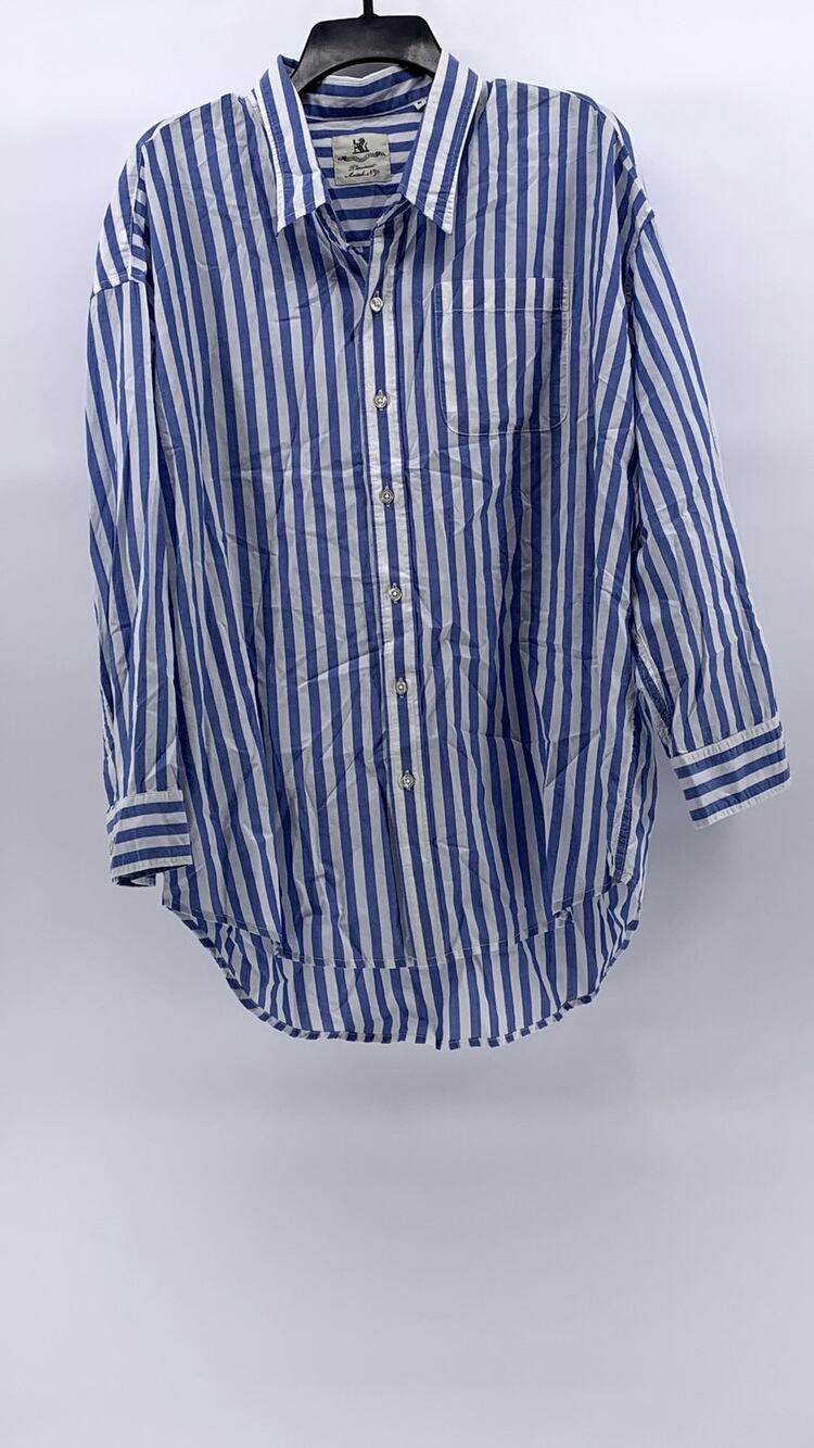 DENIMIST MONTAUK Women's Blue-Striped Button-Up Shirttail-Hem Top SZ S